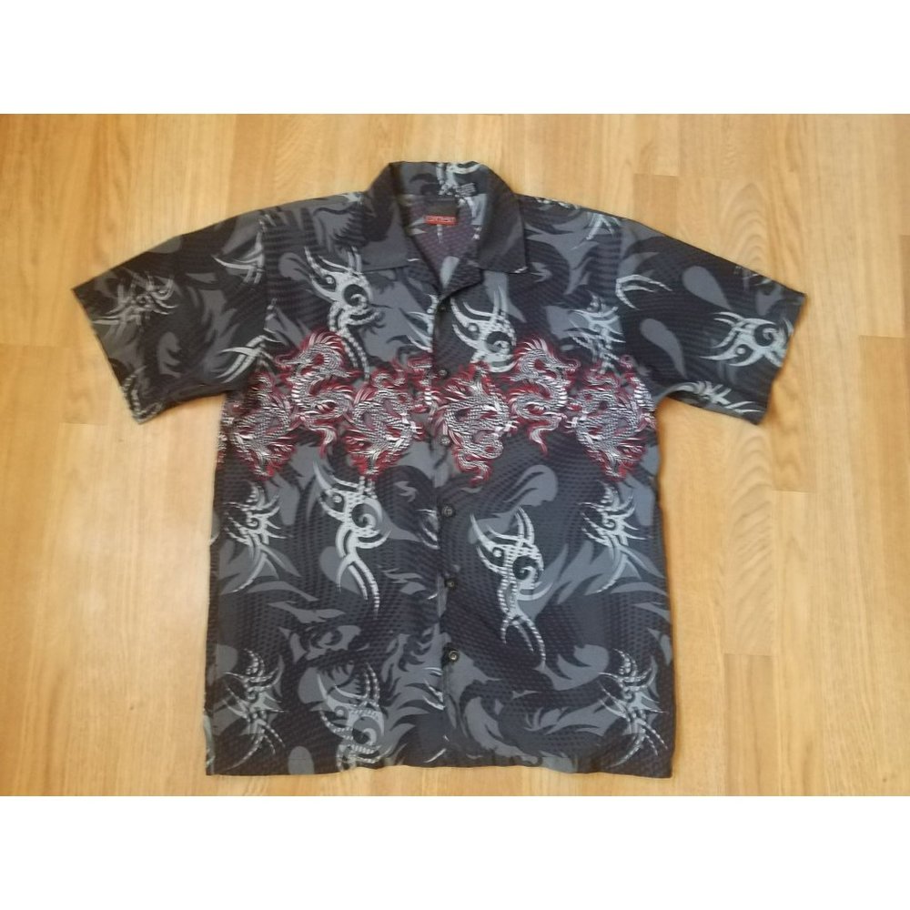 C-TWO , dragon flame tribal print shirt size large black